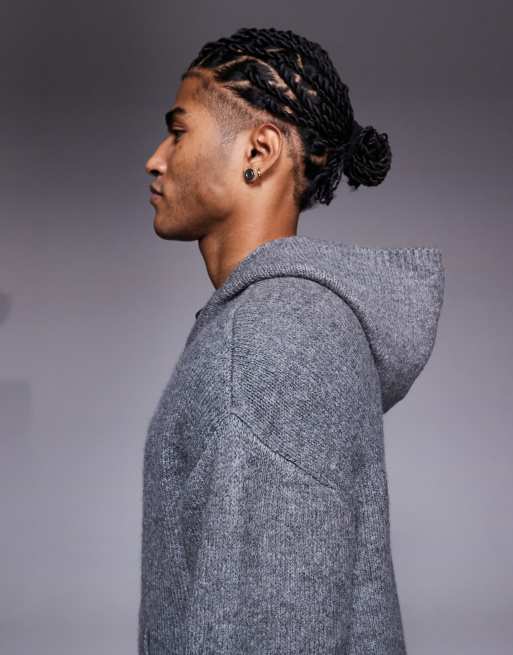 Faded Store - Felpa grigia in maglia con cappuccio e chiusura con zip, 4 di 5