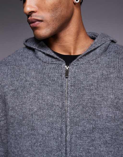 Faded Store - Felpa grigia in maglia con cappuccio e chiusura con zip, 5 di 5