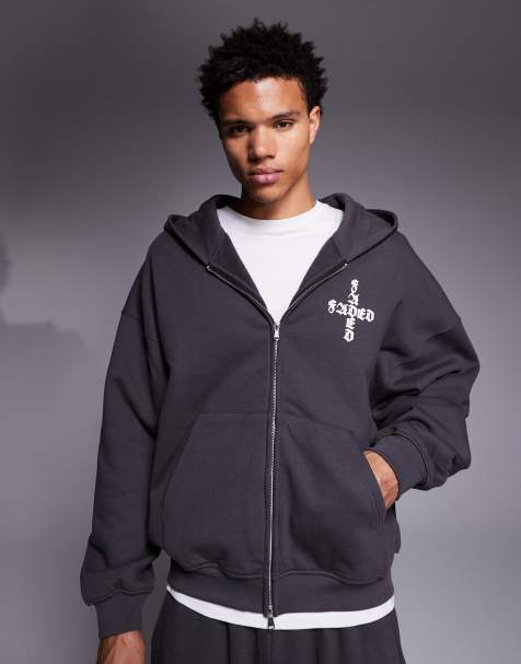 Faded Store gothic logo back print double zip through hoodie in charcoal - part of a set - view 1