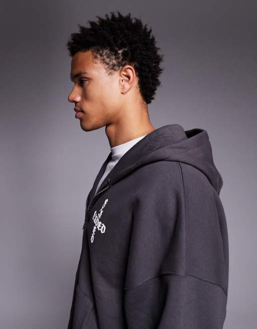 Faded Store gothic logo back print double zip through hoodie in charcoal - part of a set, 4 of 5
