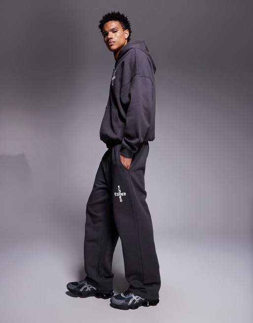 Faded Store gothic logo loose fit open hem jogger co-ord in charcoal, 3 of 5
