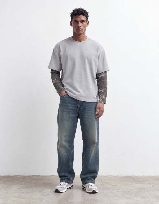 Faded Store henley-T-shirt met dubbele mouwen en camoprint in gemêleerd grijs, 6 van 9