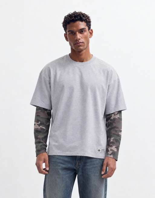 Faded Store henley-T-shirt met dubbele mouwen en camoprint in gemêleerd grijs, 7 van 9