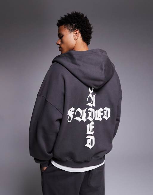 Faded Store - Koksgrå hættetrøje med gotisk logoprint på ryggen og dobbelt lynlås - Del af sæt, 3 af 5