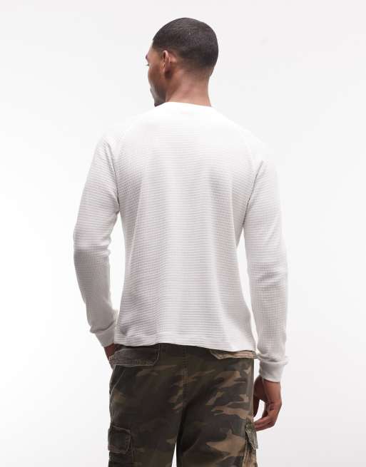 Faded Store – Kritvit, våfflad t-shirt med långa ärmar och logga framtill i 100% bomull, 5 av 5
