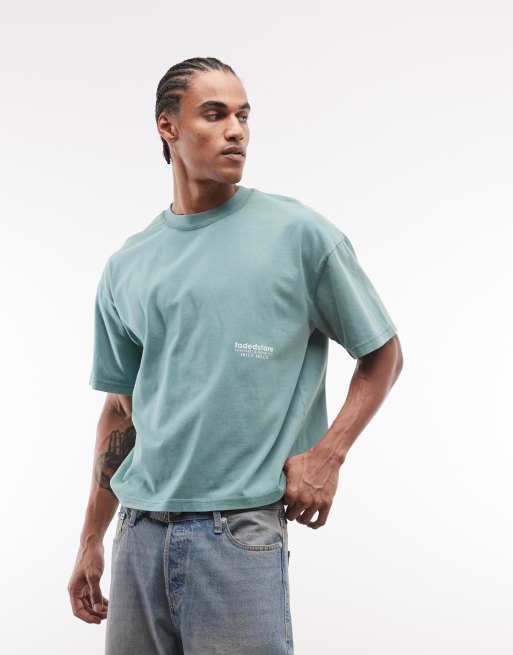 Faded Store logo t-shirt with wine back print in washed green, 2 of 5
