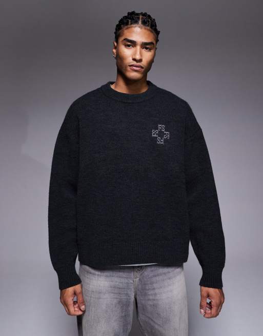 Faded Store monogram back print knitted crew neck jumper in black, 3 of 5