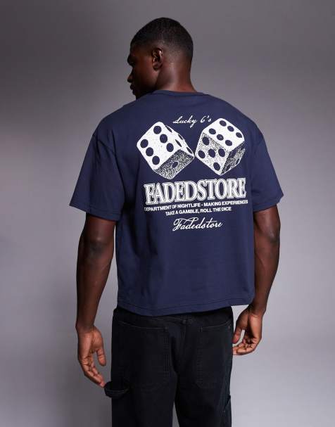 Faded Store – Niebieski T-shirt z grafiką z napisem Lucky 6's na plecach - view 1