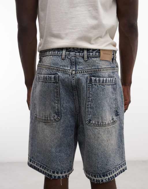 Faded Store – Niebieskie sprane szorty jeansowe z postrzępionym dołem, 5 z 5