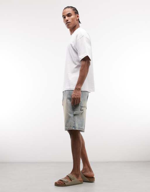 Faded Store – Niebieskie szorty jeansowe typu carpenter z efektem sprania, 4 z 5