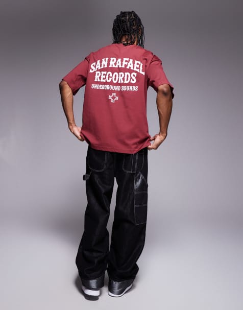 Faded Store records motif back t-shirt in burgundy - view 1