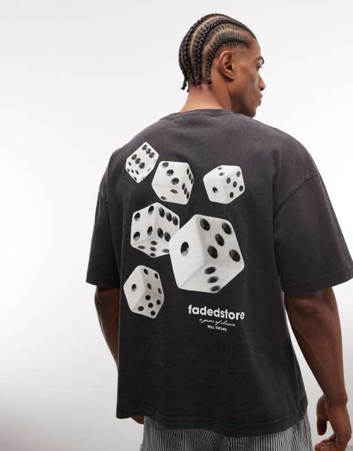 Faded Store - Sort forvasket T-shirt med logo og terningeprint på ryggen, 3 af 5