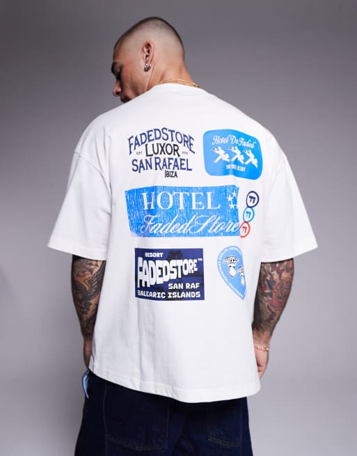 Faded Store - T-shirt color crema con stampa grafica di bagagli sul retro