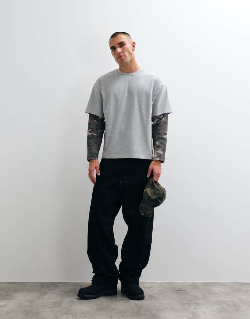Faded Store t-shirt Henley à double manches camouflage en gris chiné, 3 de 9