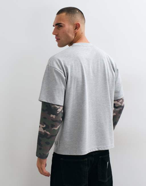 Faded Store t-shirt Henley à double manches camouflage en gris chiné, 5 de 9