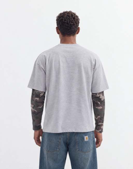 Faded Store t-shirt Henley à double manches camouflage en gris chiné, 8 de 9