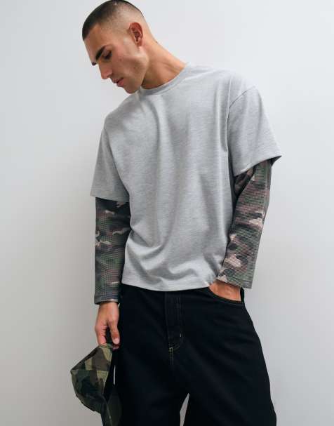 Faded Store T-shirt henley z podwójnym rękawem w kamuflaż we wzór szary melanż - view 1