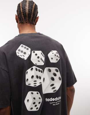 T-Shirt in verwaschenem Schwarz mit Logo und Würfel-Rückenprint Schwarz M