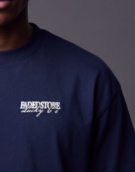 Faded Store - T-shirt met Lucky Six's-print op de rug in blauw, 4 van 5
