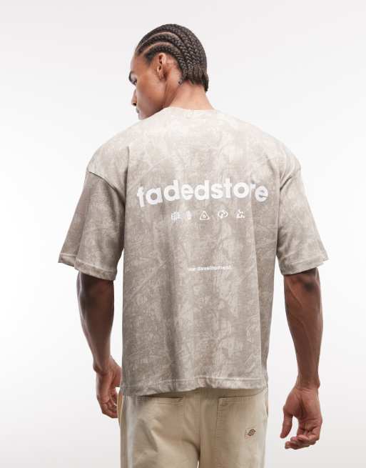 Faded Store - T-shirt oversize marrone mimetico con stampa del logo sul retro, 4 di 5