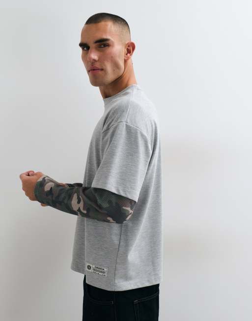 Faded Store T-shirt serafino a doppia manica mimetica grigio mélange, 4 di 9