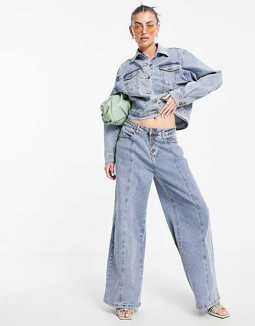 Fae 90s slouch wide leg jeans with exposed button in vintage blue