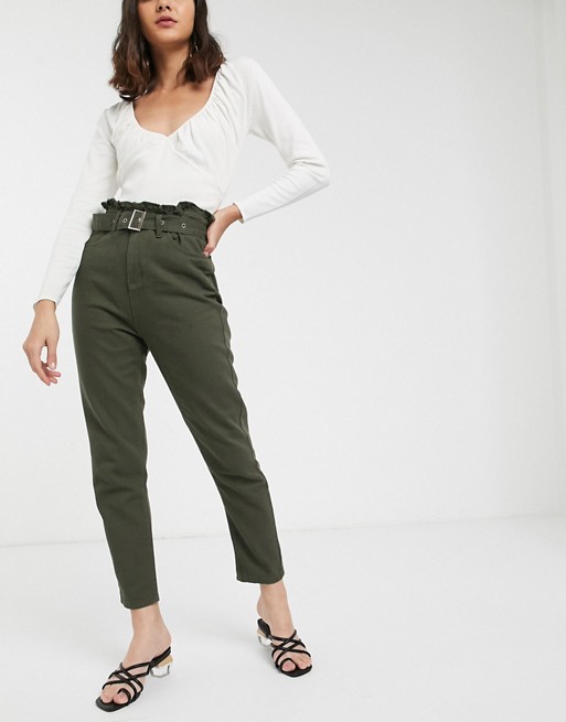 FAE  belted paperbag waist  mom jeans in khaki