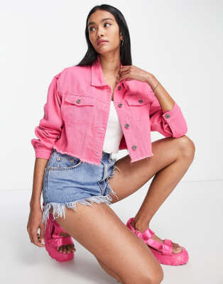 Fae boxy cropped oversized denim jacket with raw hem in bubblegum pink