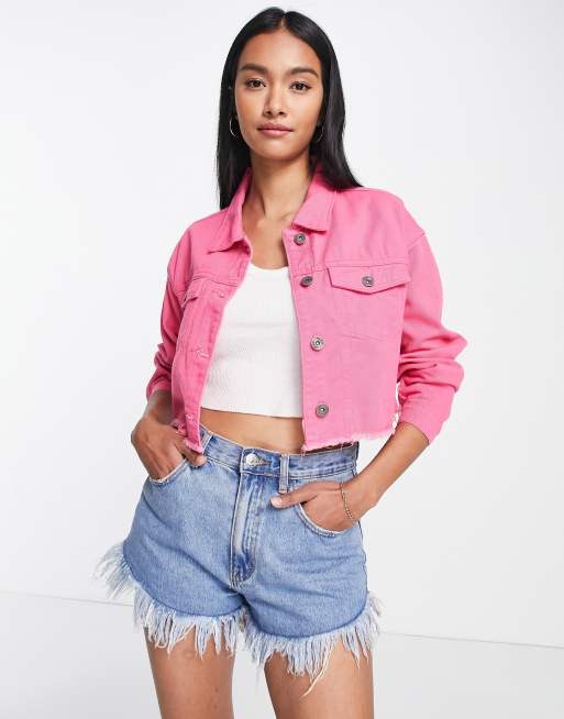 women's denim jean jacket, cropped length, frayed edge, short