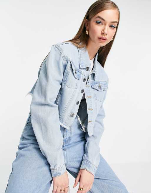 Fae boxy cropped oversized denim jacket with raw hem in light stone wash