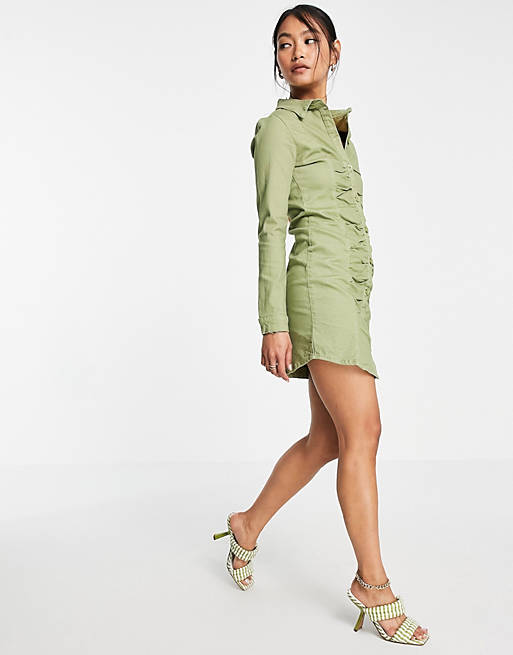 Fae button through ruched denim shirt mini dress in olive green