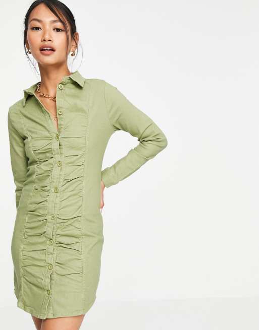 Fae button through ruched denim shirt mini dress in olive green ASOS