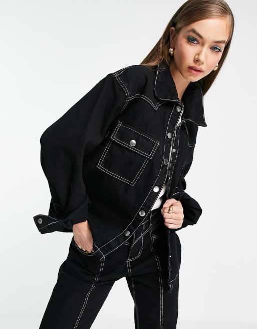 FAE - Camicia di jeans stile western nera con cuciture a contrasto