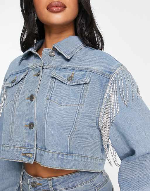 Fae cropped denim trucker jacket with diamante fringe in washed blue