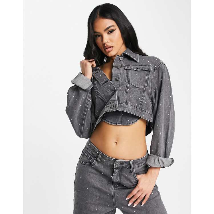 Grey cropped hot sale denim jacket