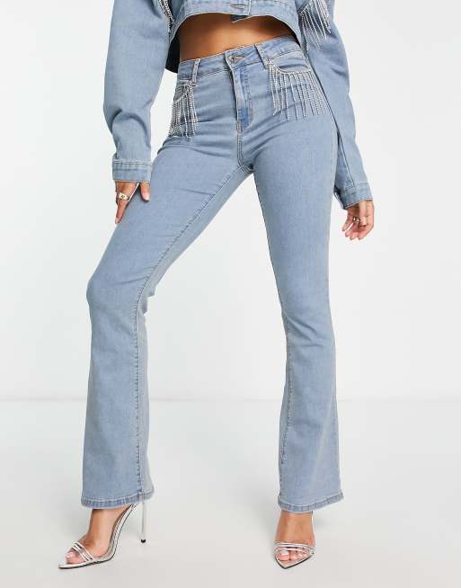 Women's Grey Hoodie, Light Blue Fringe Flare Jeans, Gold Chunky