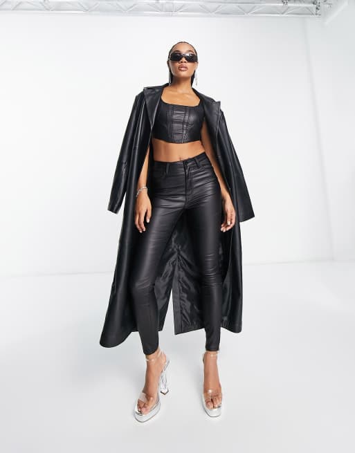 Fae leather look coated corset top and pants set in black, 2 of 2