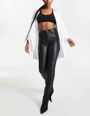 FAE Fae high waist split hem leather look coated trousers in black