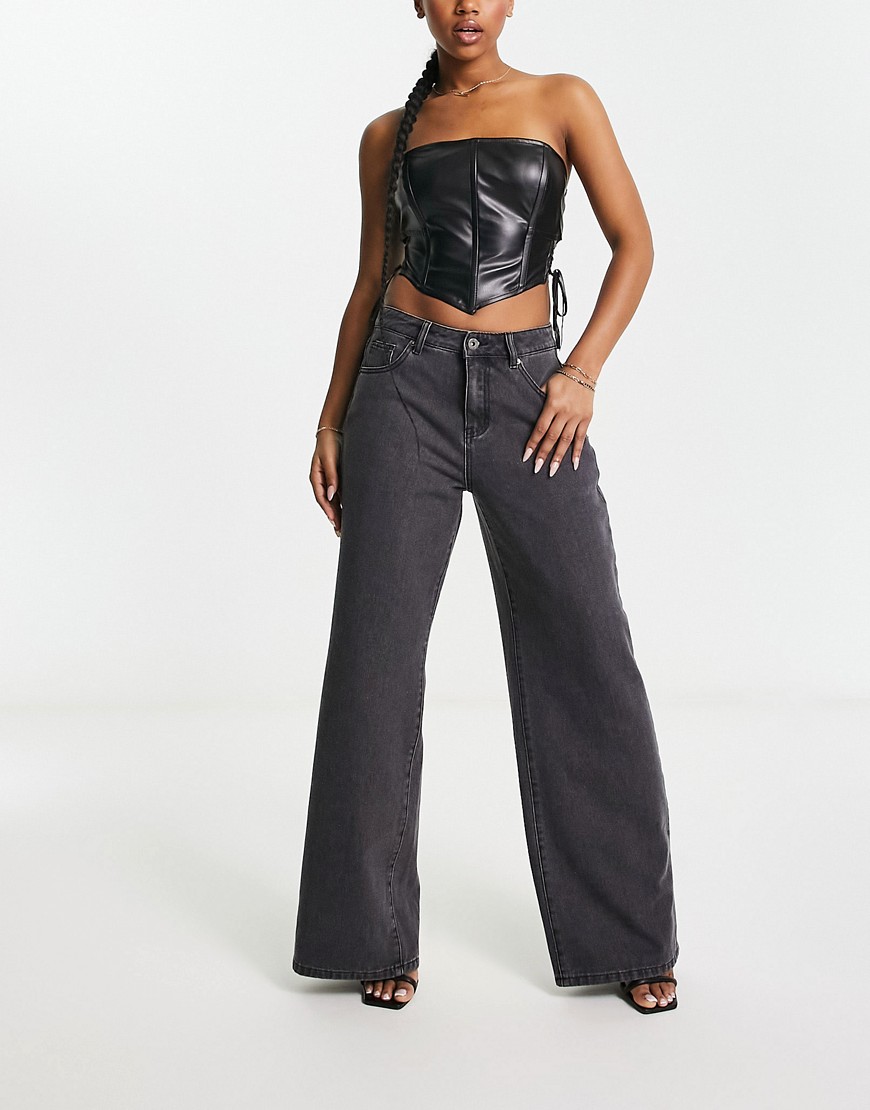 high waist wide leg jeans in charcoal gray