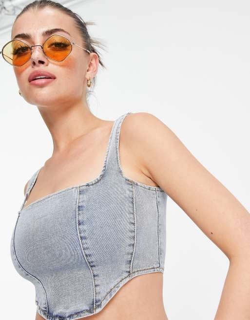 Fae - Korset-top i vintage-blå denim