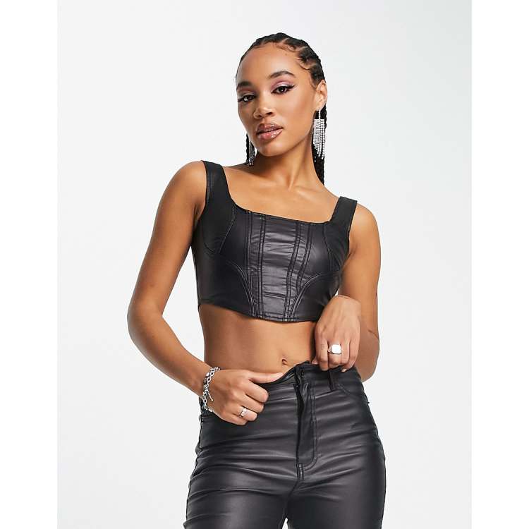 Fae leather look coated corset top in black ASOS