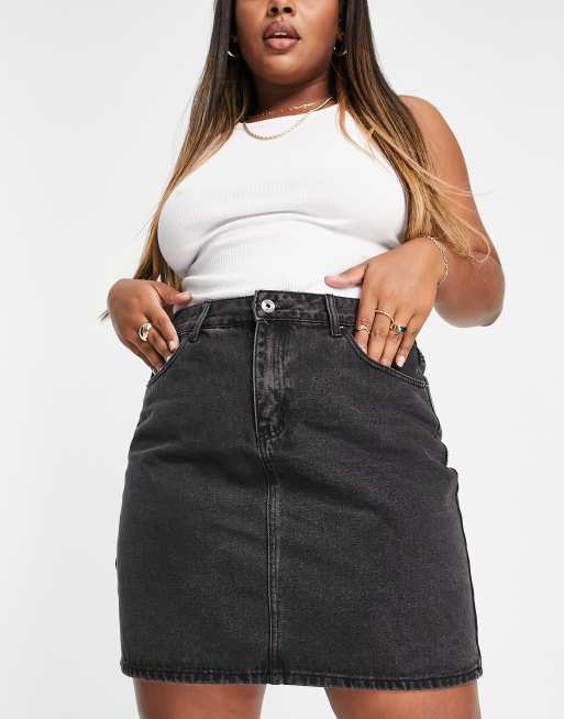 Fae Plus high rise denim mini skirt in washed black