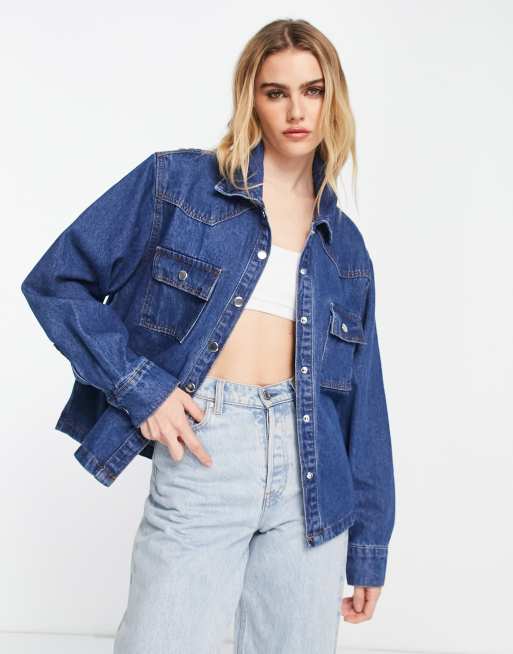 Fae western style denim shirt with contrast stitching in mid blue | ASOS