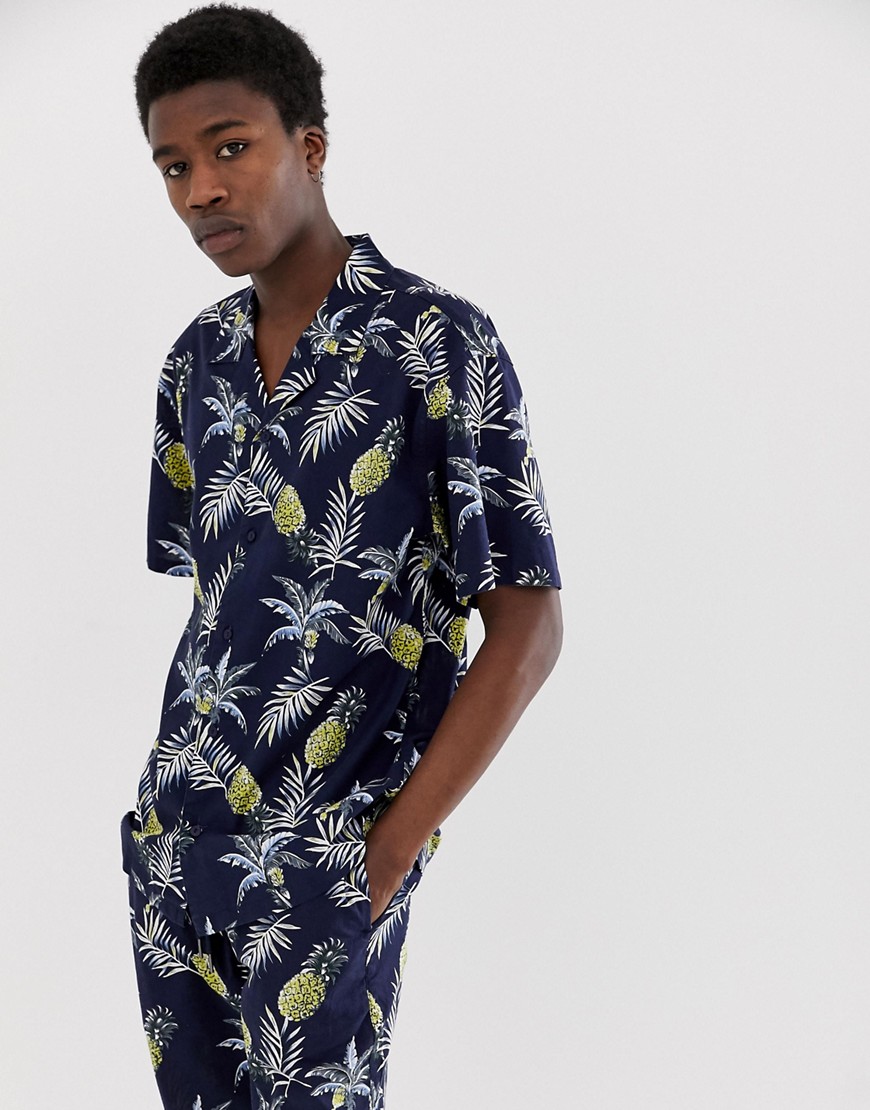 Fairplay Capone shirt with pineapple print in navy-Black