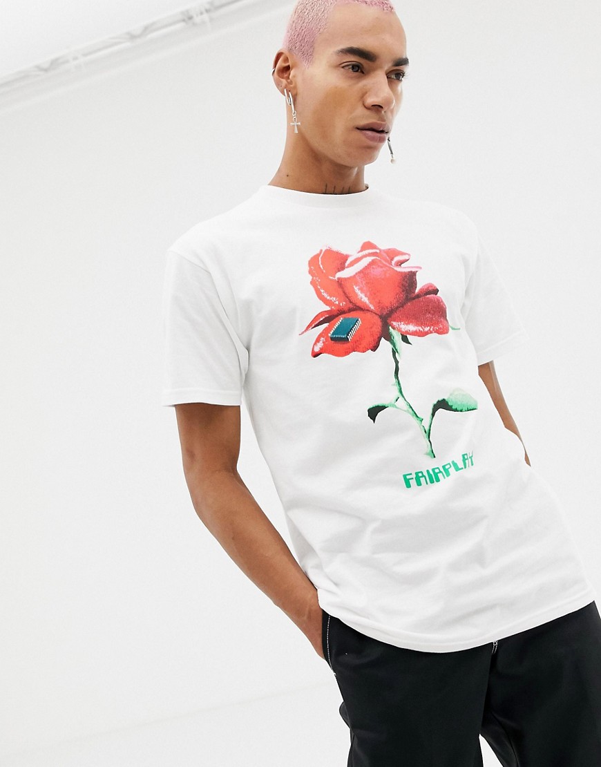 Fairplay – Vit t-shirt med tryck Digital Rose på bröstet