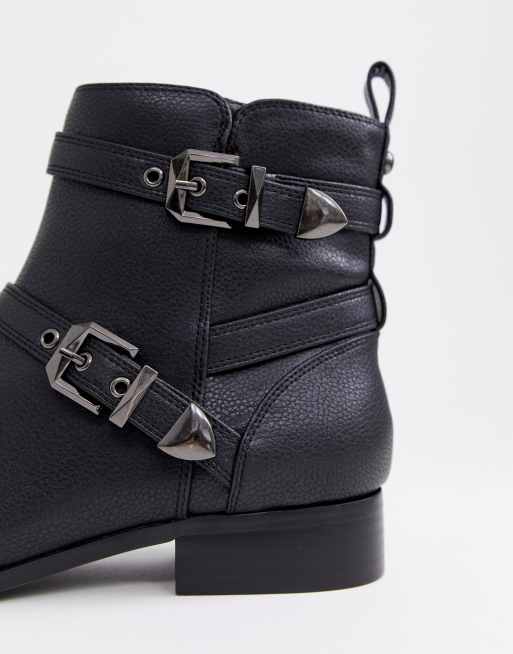 Faith Wide Fit Buckle black flat multi buckle ankle boots ASOS