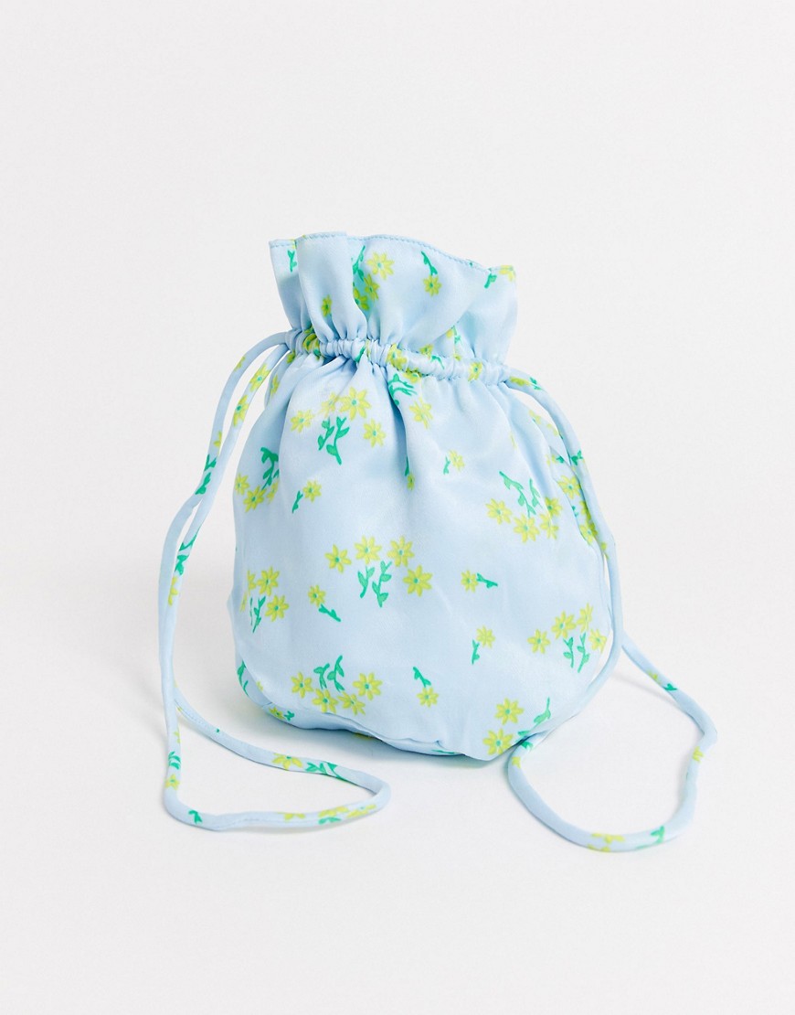 Faithfull floral drawstring pouch in satin-Blue