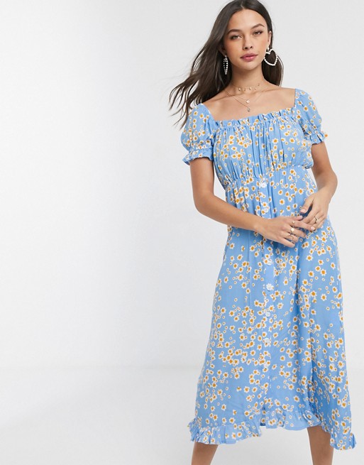 Faithfull ina floral short sleeve midi dress with button front in blue