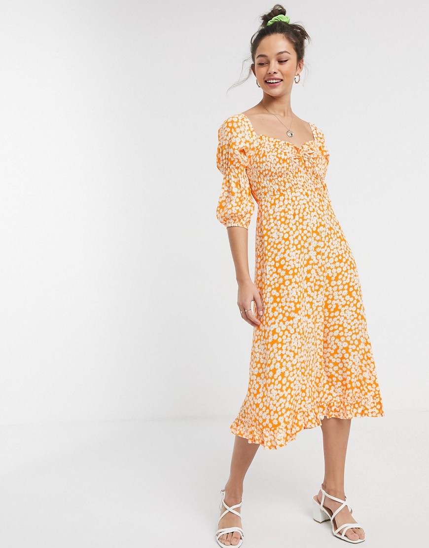 Faithfull - Nora - Midi-jurk met vierkante hals en 3/4-mouwen in oranje
