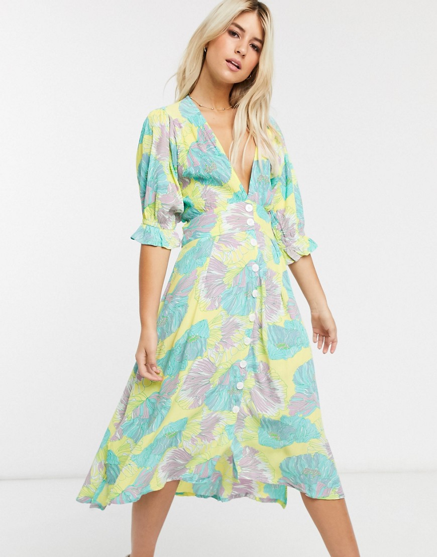 Faithfull - Rafa - Midi-jurk met korte mouwen, bloemenprint en knopen-Geel
